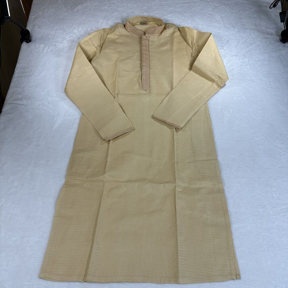 Mens Kurta Size L Beige Embroidered Collar Long Sleeve Traditional Ethnic Wear